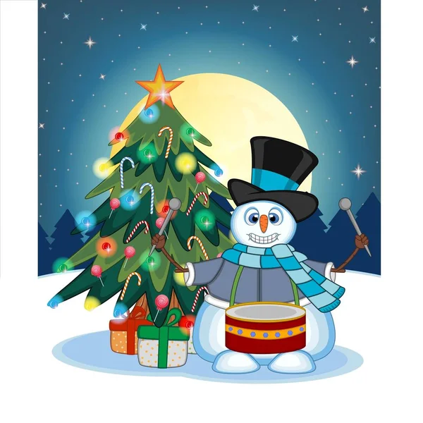 Snowman Wearing Hat Blue Sweater Blue Scarf Playing Drums Christmas — Stock Vector