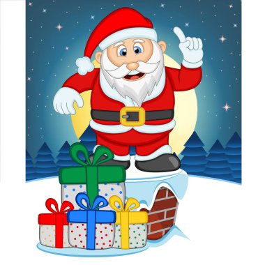Santa Claus, Kar, Baca ve Tona gece tasarım illüstrasyon için