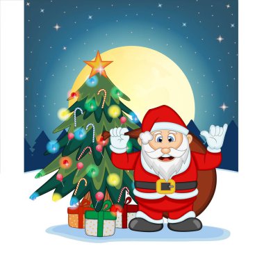 Santa Claus, Kar, Noel Ağacı ve Gece Dolunay Tasarım İllüstrasyon için