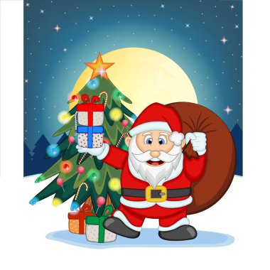 Santa Claus, Kar, Noel Ağacı ve Gece Dolunay Tasarım İllüstrasyon için