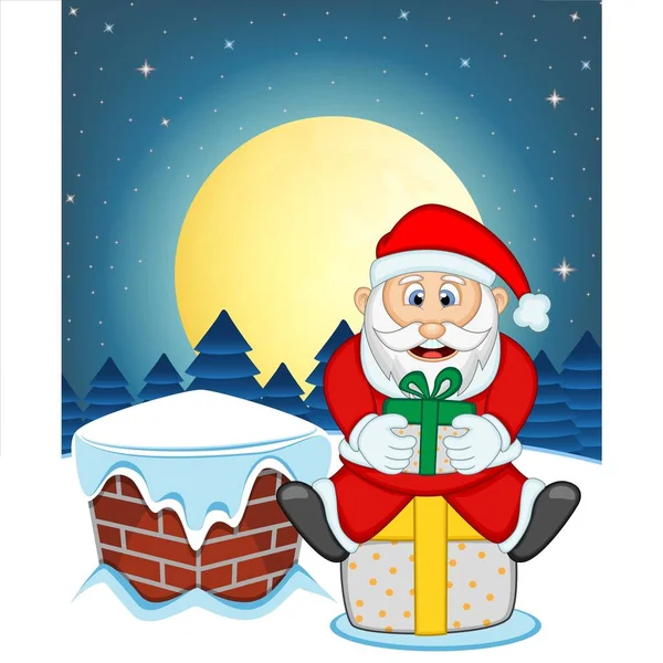 Père Noël Neige Cheminée Pleine Lune Nuit Pour Votre Illustration — Image vectorielle
