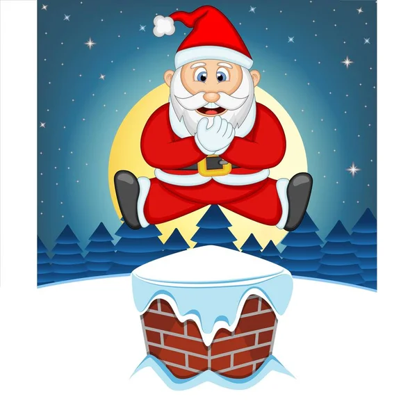 Santa Claus Nieve Chimenea Luna Llena Noche Para Ilustración Del — Vector de stock