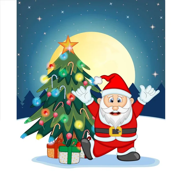Papai Noel Neve Árvore Natal Lua Cheia Noite Para Sua — Vetor de Stock