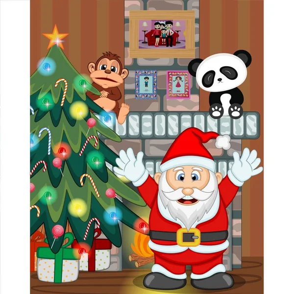 Weihnachtsmann Mit Weihnachtsbaum Und Kamin Vektor Illustration — Stockvektor