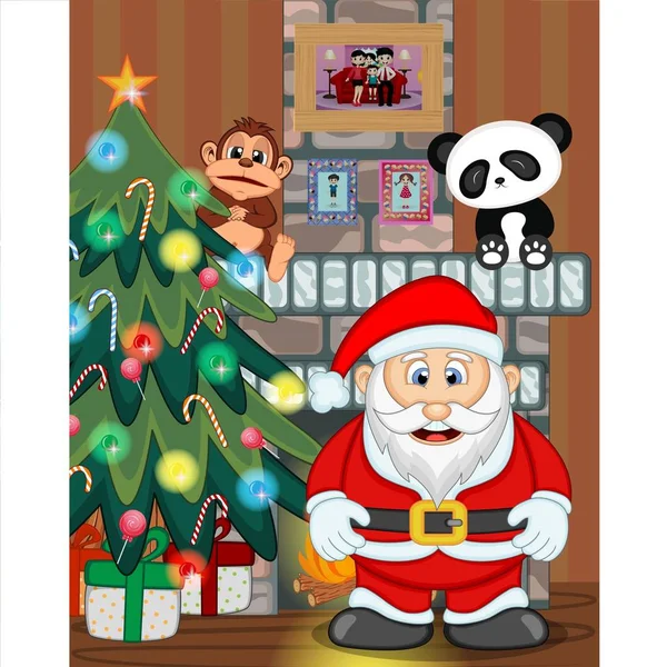 Papai Noel Com Árvore Natal Fogo Lugar Vector Ilustração — Vetor de Stock