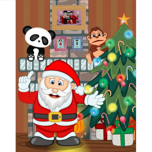 Santa Claus Con Árbol Navidad Chimenea Vector Illustration — Vector de stock