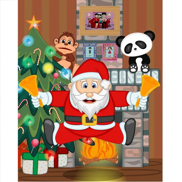 Santa Claus Con Árbol Navidad Chimenea Vector Illustration — Vector de stock