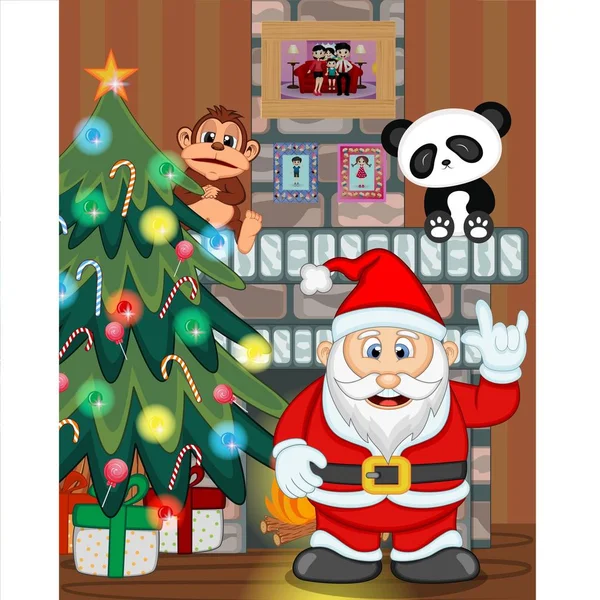 Santa Claus Christmas Tree Fire Place Vector Illustration — Stock Vector