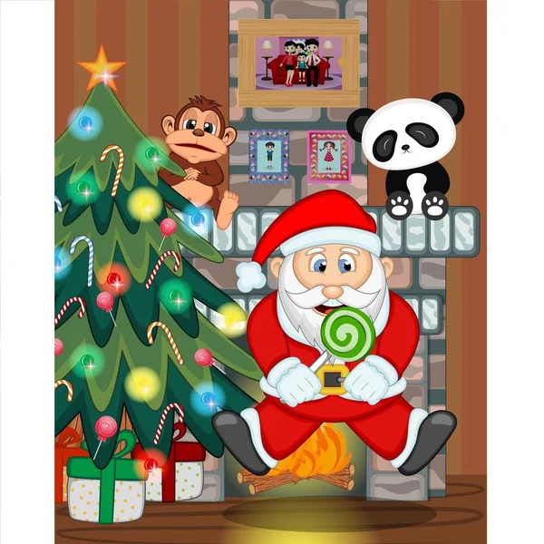 Santa Claus Con Árbol Navidad Chimenea Vector Illustration — Vector de stock