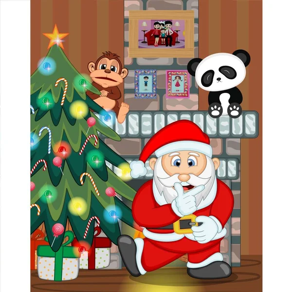 Weihnachtsmann Mit Weihnachtsbaum Und Kamin Vektor Illustration — Stockvektor