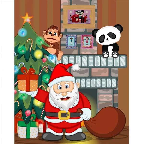 Santa Claus Con Árbol Navidad Chimenea Vector Illustration — Archivo Imágenes Vectoriales