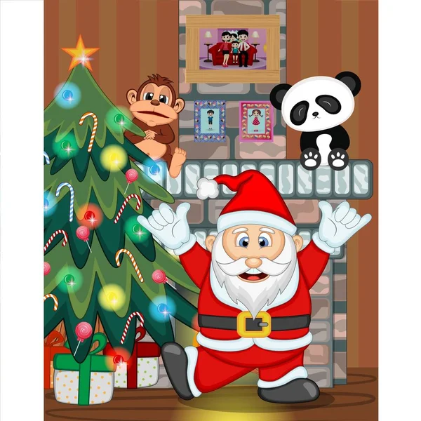 Santa Claus Con Árbol Navidad Chimenea Vector Illustration — Vector de stock