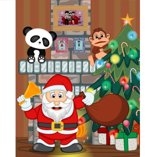 Άγιος Βασίλης Χριστουγεννιάτικο Δέντρο Και Φωτιά Μέρος Απεικόνιση Διάνυσμα — Διανυσματικό Αρχείο