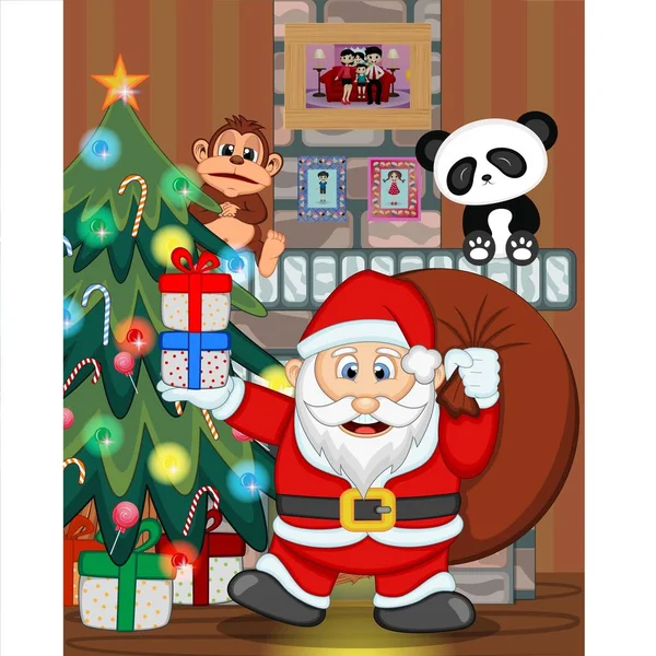 Père Noël Avec Arbre Noël Cheminée Illustration Vectorielle — Image vectorielle