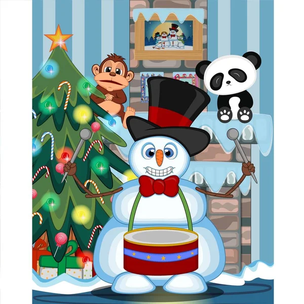 Muñeco Nieve Tocando Tambores Usando Sombrero Lazo Con Árbol Navidad — Vector de stock