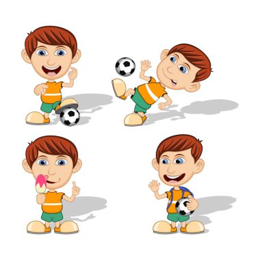 Top oynayan ve dondurma vektör illüstrasyon yeme çocuklar kümesi