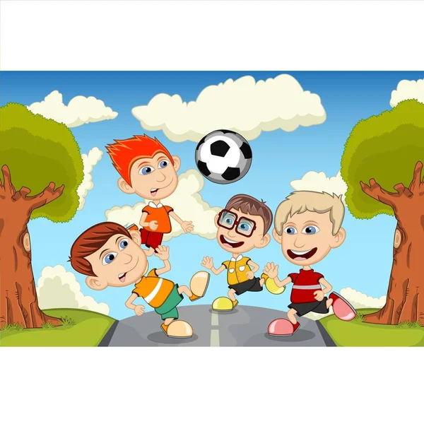 Bambini Che Giocano Calcio Cartone Animato Strada — Vettoriale Stock