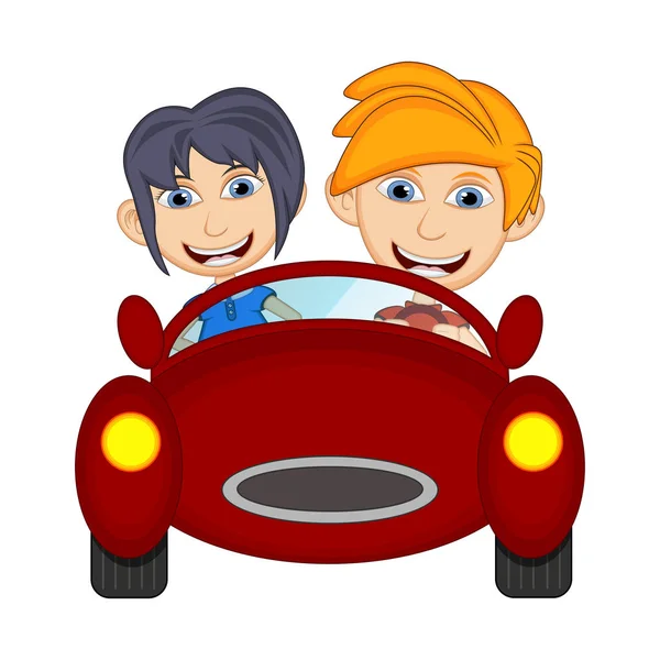 Kinderen Rijden Een Auto Cartoon Vector Illustratie — Stockvector