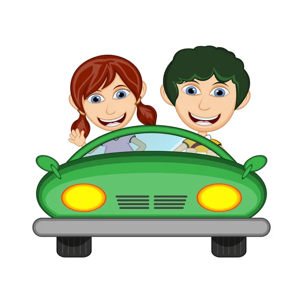 Niños Conduciendo Coche Ilustración Vector Dibujos Animados — Vector de stock