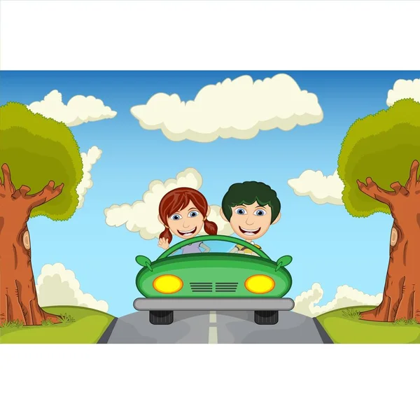Děti Řídí Auto Ulici Kreslený Vektor Ilustrace — Stockový vektor
