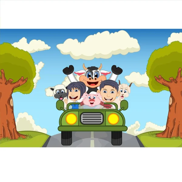 Niños Conduciendo Coche Calle Con Ilustración Vectores Dibujos Animados Vacas — Vector de stock