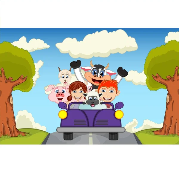 Children Driving Car Street Cow Goat Sheep Pig Cartoon Vector — Stock Vector