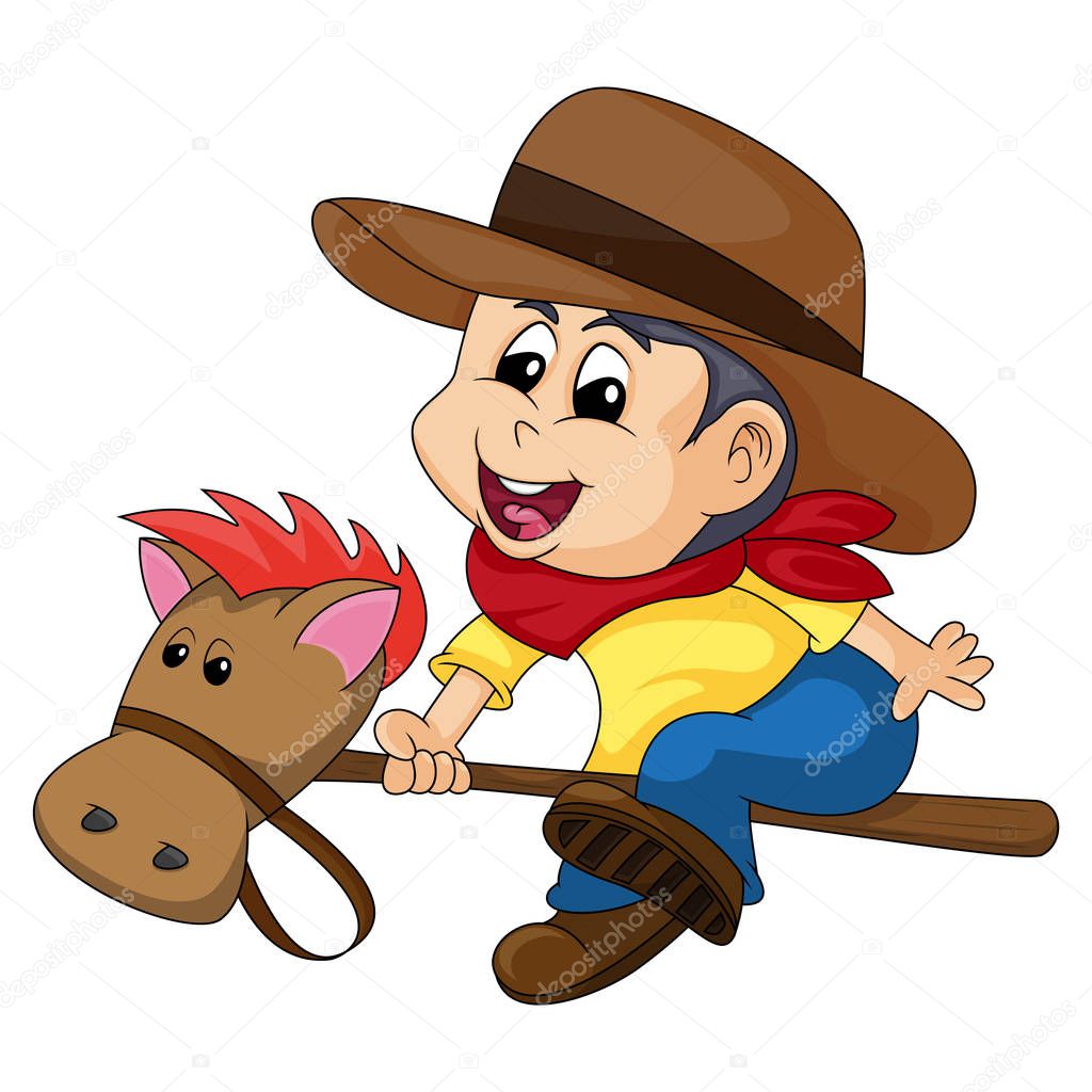 cowboy with a stick horse cartoon vector illustration