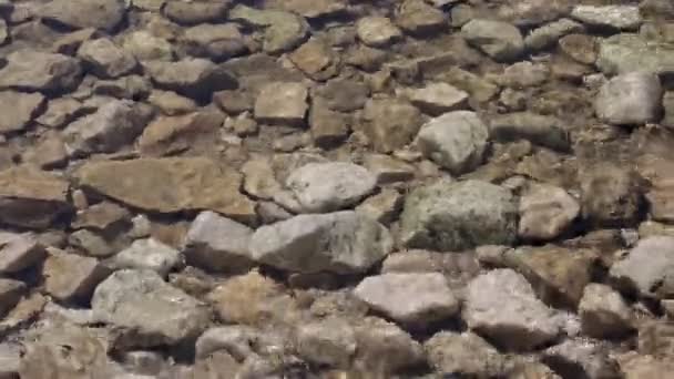 Κοντινό Κομμάτι Της Βραχώδης Παραλίας Νερό Πλένει Τις Πέτρες — Αρχείο Βίντεο