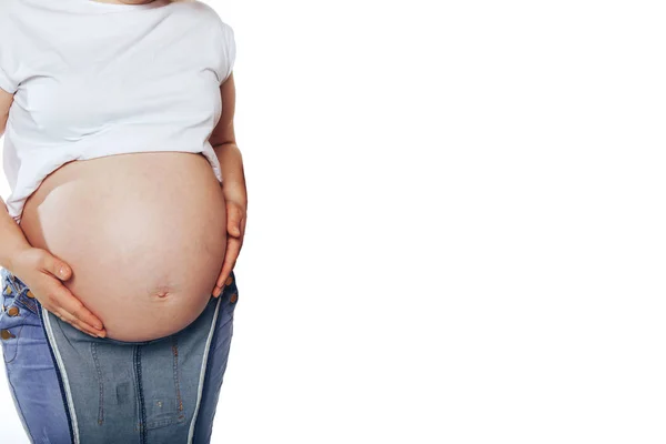 Беременная Женщина Большим Животом Белом Фоне — стоковое фото