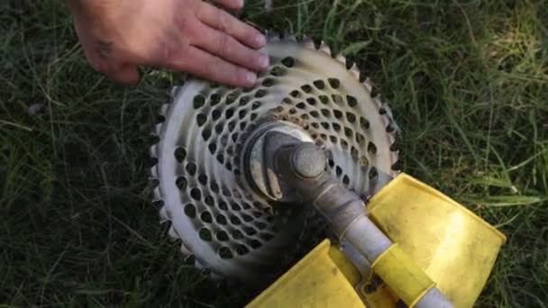 Hand Twists Blade Trimmer Cutting Grass Close — Stock Video