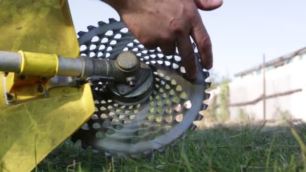 Hand Twists Blade Trimmer Cutting Grass Close — Stock Video