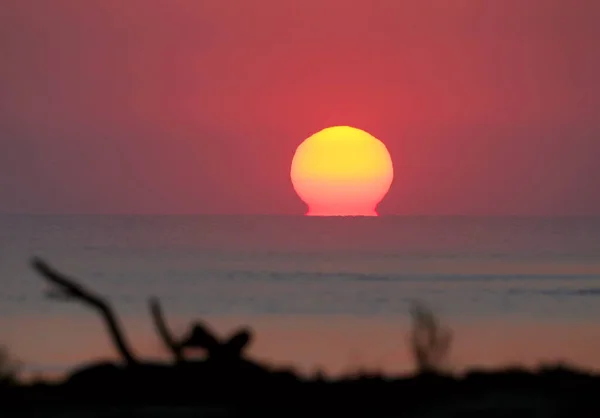 Enorme Sol Rojo Sale Lentamente Del Horizonte Sobre Danubio Fondo — Foto de Stock