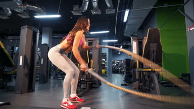 Savaş oturum ipleri. Bir spor salonunda eğitim halatlar kullanarak çekici genç ve atletik kız.