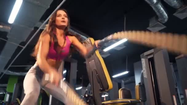 战斗绳索锻炼 用运动器材做运动的妇女 理想女性形象 — 图库视频影像