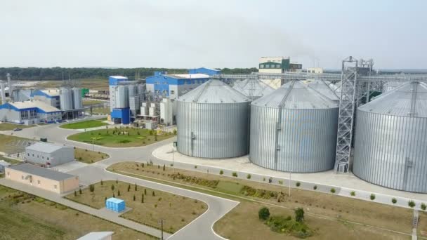Aerial View Metal Grain Elevator Agricultural Zone Grain Warehouse — Stock Video