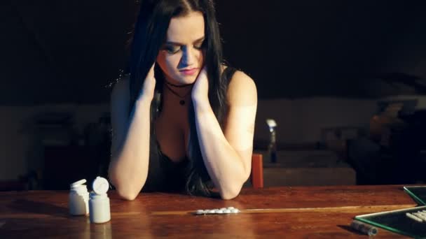 Woman Woman Headache Taking Medication Pills Depressed Woman Concept Taking — Stock Video