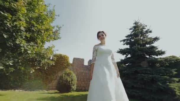 Beautiful Elegant Bride Perfect Wedding Dress Posing Old Castle — Stock Video