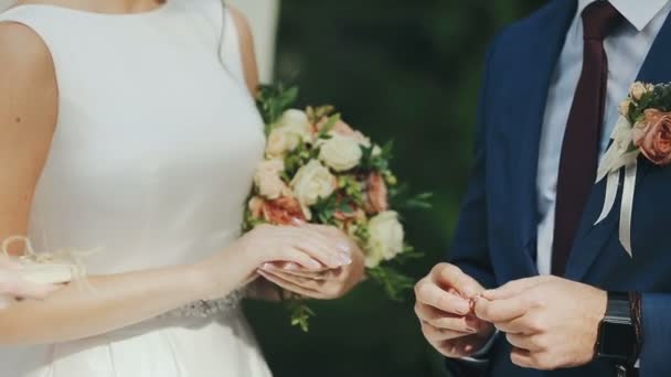 Nygifta Utbyta Ringar Vid Vigseln Över Grönt Gräs Bakgrund Vigselringar — Stockvideo