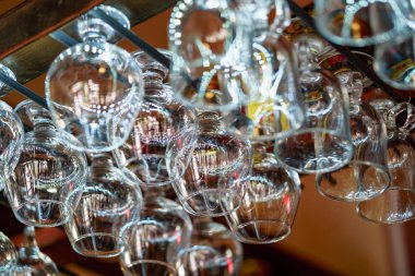 Şarap, gözlük bir barda bir raf üzerinde asılı. Bardaki bir parti için hazır gözlük.