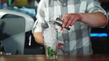 Bir kokteyl hazırlama işlemi. Kokteyl limon ve nane çubuğu mojito. Yakın çekim