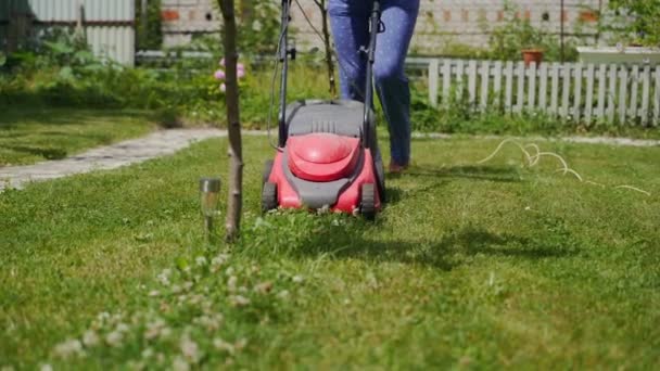 Bäuerin Mäht Rasen Hintergarten Eines Wohnhauses — Stockvideo