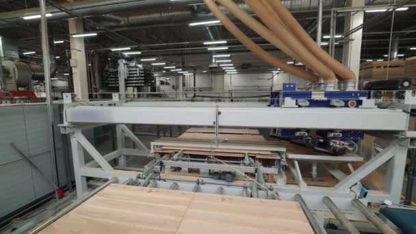 Výroba Podlah Parket Zpracování Moderní Vybavení Závodu Roboti Průmyslové Výrobě — Stock video