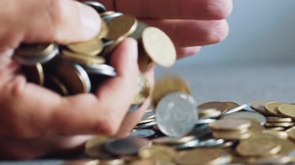 Man Hands Holding Lots Coins Slow Motion — Stock Video