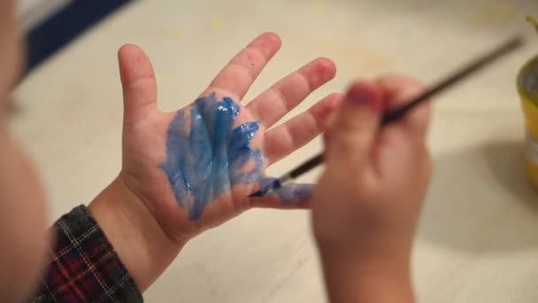 Niño Gracioso Pinta Las Manos Con Pintura Bebé Artista — Vídeo de stock