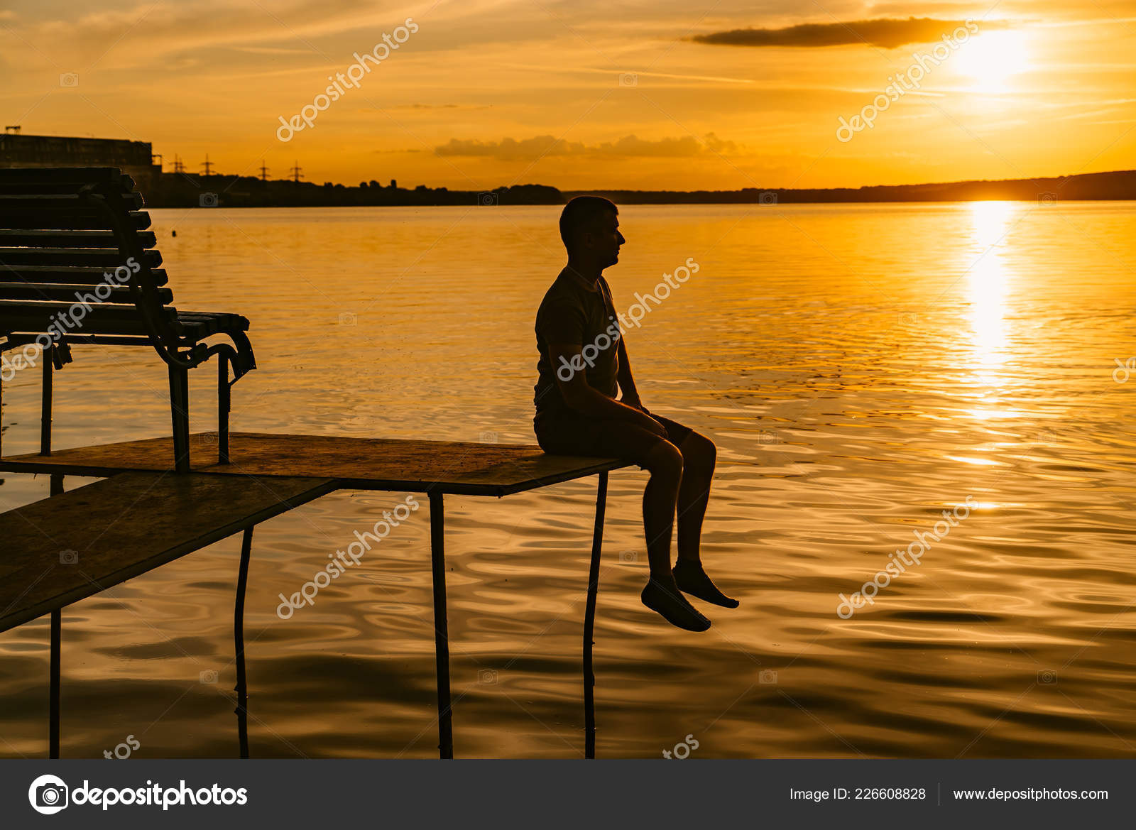 Silhouette Alone Man Sitting Wooden Bridge Sunset Lonely Man Small Stock Photo Image By C Wedmov
