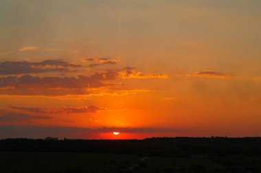 Güzel sakin gün batımı arka plan. Doğa ve ekoloji kavramı. Altın akşam günbatımı karanlık ağaçlar üzerinde.