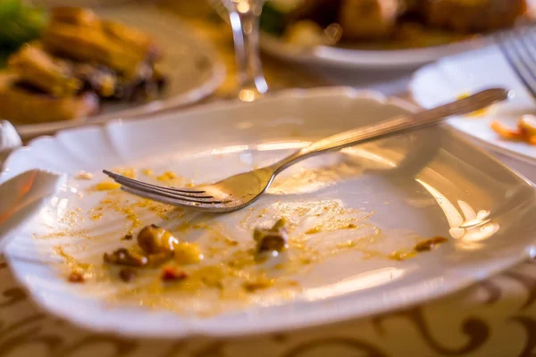 桌子上有叉子的脏空盘子 聚会结束后 在餐厅里的盘子和叉子上漏掉了食物 — 图库照片