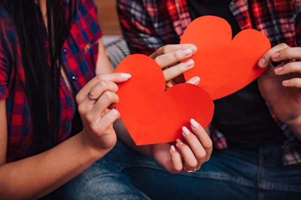 Close Red Paper Hearts Hands Couple Love Female Male Holding — Stock Photo, Image