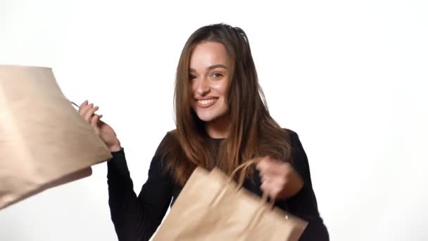 Emoções Humanas Positivas Mulher Bonita Com Sacos Compras Após Compras — Vídeo de Stock