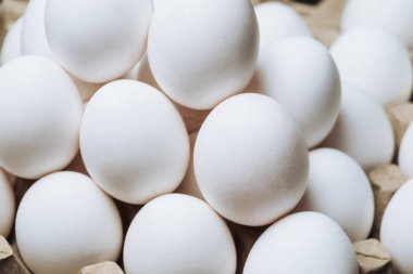 Karton bir kutuda beyaz tavuk yumurtası. Bir tepsi yumurta.